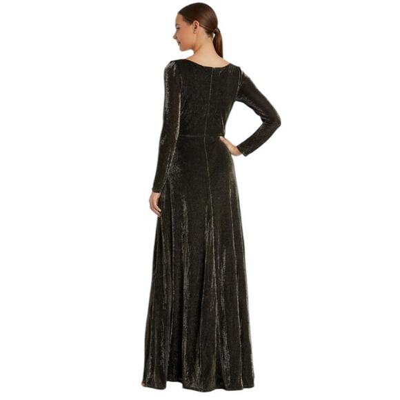 Mac Duggal Size 16 NEW Black Gold Long Sleeve Faux Wrap A Line Gown 49088 NWT - Picture 4 of 11